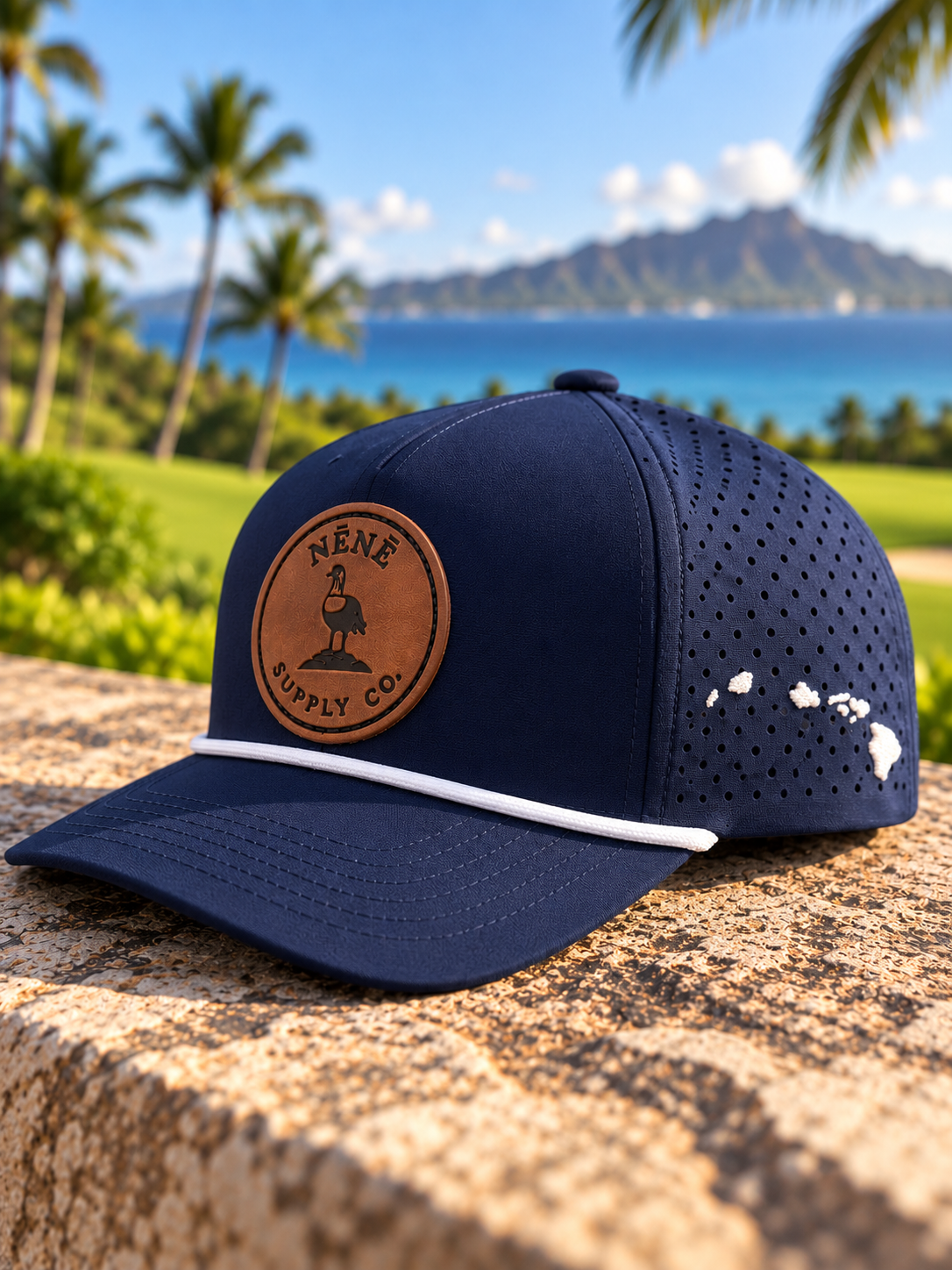 Navy NĒNĒ Signature Rope Hat with leather patch and white rope detail